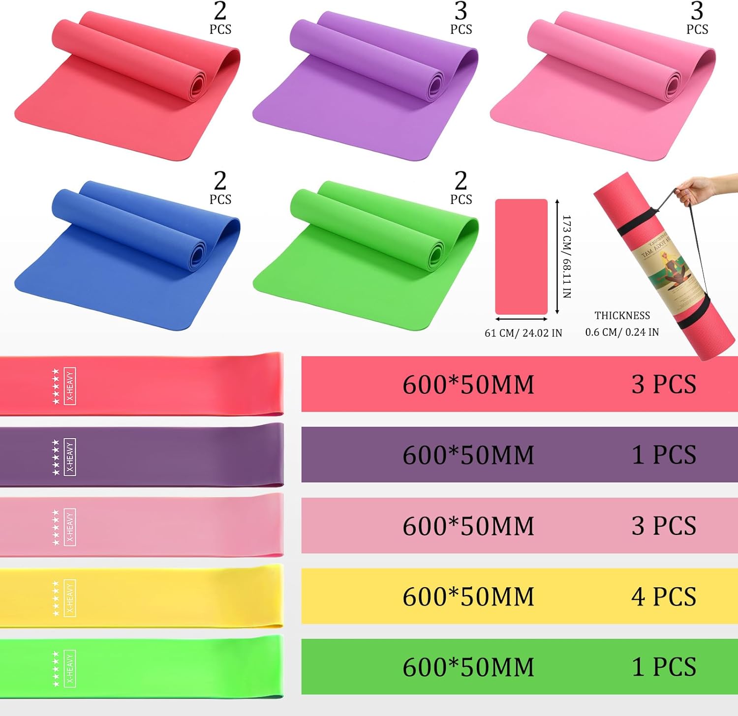 Hoolerry 36 Pieces Yoga Mats Sets Includes 12 Pcs Yoga Mats Bulk 68” x 24” x 6mm Thick Exercise Mat Non Slip 12 Resistance Bands 12 Carrying Straps for Women Girls for Gym Pilates