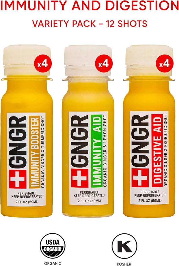 +GNGR Immunity Booster Organic Ginger and Turmeric Shot - Cold Pressed Ginger Shots with Turmeric, Cayenne Pepper, Orange, Lemon for All Natural Immune & Digestive Support (2 Oz, Pack of 12)