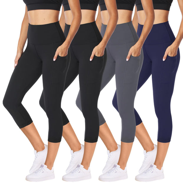 NexiEpoch 4 Pack Leggings for Women with Pockets- High Waisted Tummy Control for Workout Running Capri Yoga Pants