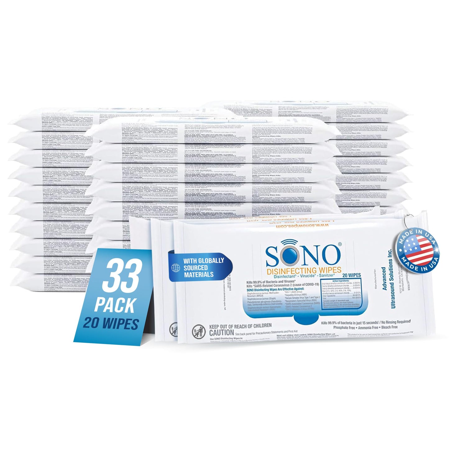 SONO Disinfecting Wipes - 60 Count (Pack of 3) + Sanitizer, Travel Size, Alcohol-Free, No Bleach, Medical-Grade, Multi-Surface Cleaning for School, Office, and On-The-Go