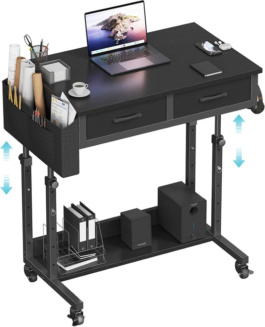 Small Portable Rolling Standing Desk - 32 Inch Adjustable Mobile Teacher Stand Up Desks with 2 Fabric Drawers on Wheels for Classroom, Couch Sofa Side Laptop Table with Storage for Home Office, Black