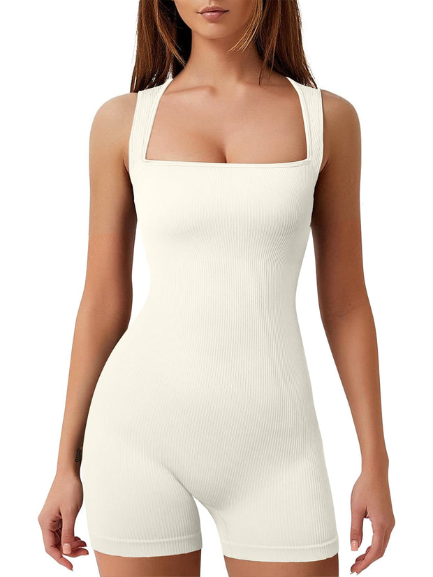 Women's Workout Seamless Romper Yoga Ribbed Bodycon One Piece Square Neck Shorts Jumpsuit