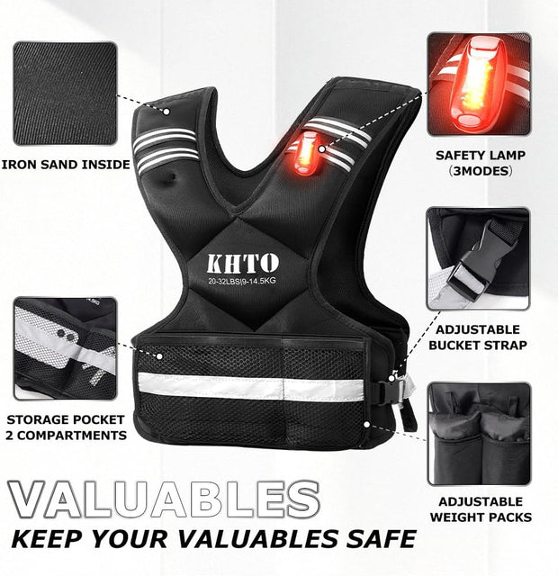 KHTO Adjustable Weighted Vest for Men and Women with Warning Light Reflective Strip，Large Weight Vest for Exercise Set Cardio and Strength Training (4-10lb/11-20lb/20-32lb)