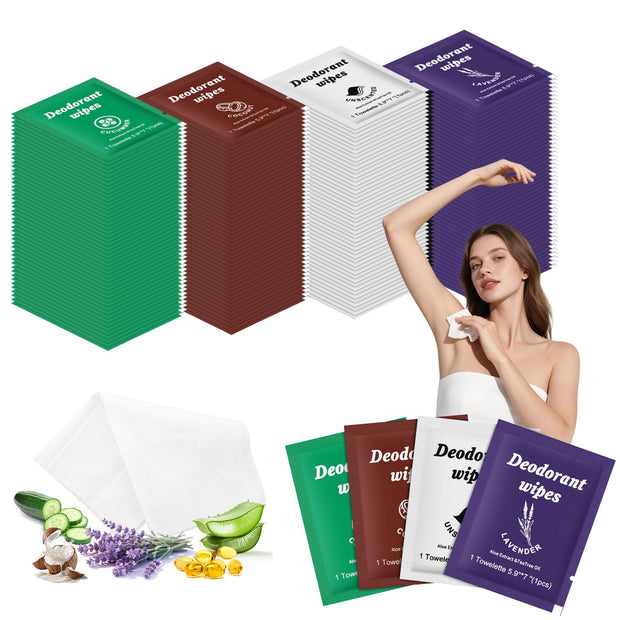 Travel Deodorant Wipes Individually Wrapped,Body Wipes to Clean Skin for Women Men（Lavender,pack of 100)