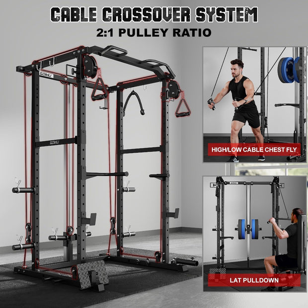 R1-V4 Power Cage Rack, 2000LB Squat Rack with Cable Crossover System, Multi-Function Weight Cage, Home Gym Workout Machine with More Training Attachments