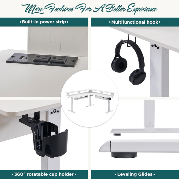 RedLemon 60 Inches L Shaped Electric Standing Desk, Height Adjustable Corner Gaming Desk with Drawers, Keyboard Tray, Power Outlets & LED Lights, Computer Desk with Monitor Shelf, Antique White