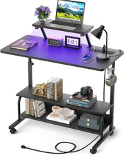 Height Adjustable Standing Desk with Power Outlets and LED Lights - 39" Manual Stand Up Desk with Monitor Stand and Storage Shelves Small Mobile Rolling Computer Desk Portable Laptop Table, Rustic