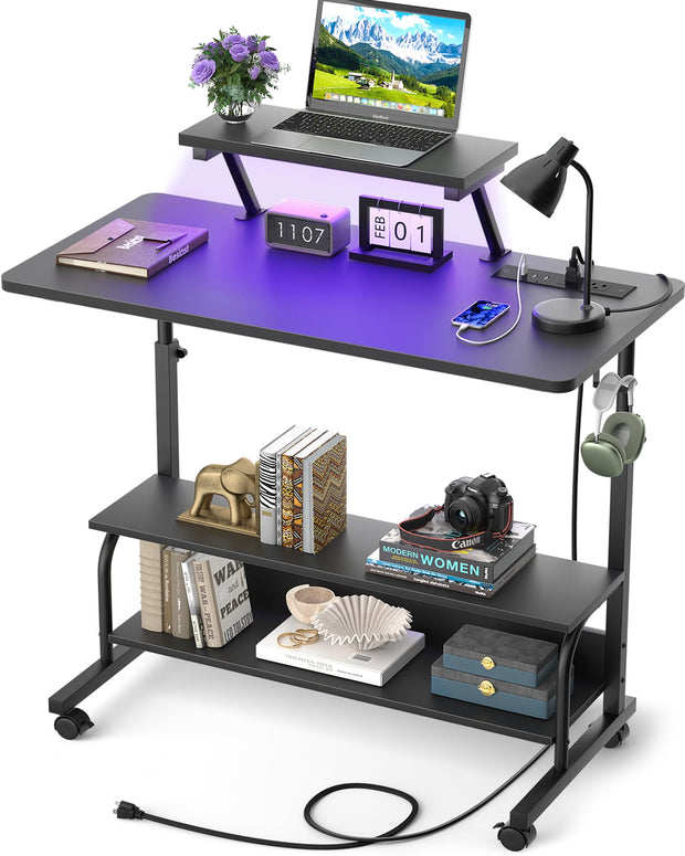 Height Adjustable Standing Desk with Power Outlets and LED Lights - 39" Manual Stand Up Desk with Monitor Stand and Storage Shelves Small Mobile Rolling Computer Desk Portable Laptop Table, Rustic
