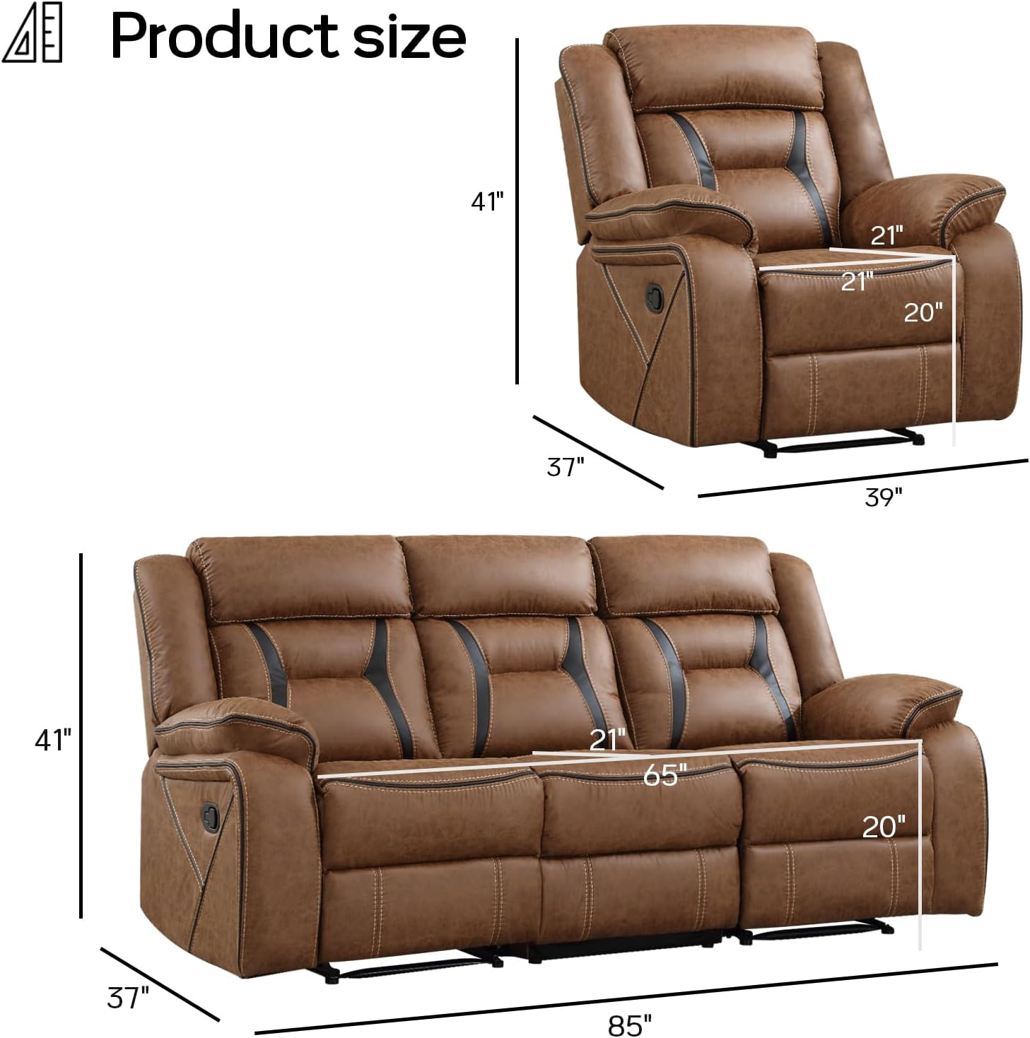 Faux Leather Recliner Sofa Furniture Set for Living Room, 2 Recliner Chairs, 3 Seat Reclining Sofa Couch Set for Meeting Room, Brown