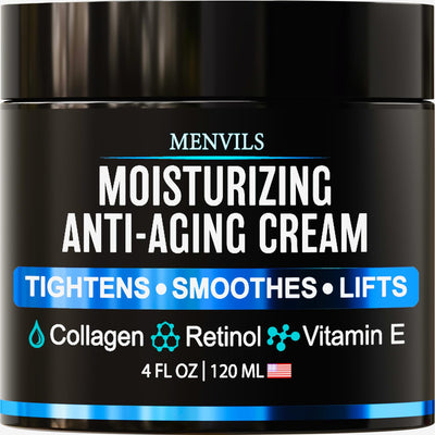 Mens Face Moisturizer Cream - Anti Aging & Wrinkle for Men with Collagen, Retinol, Vitamins E, Jojoba Oil - Face Lotion - Age Facial Skin Care - Eye Wrinkle - Day & Night - 4 oz