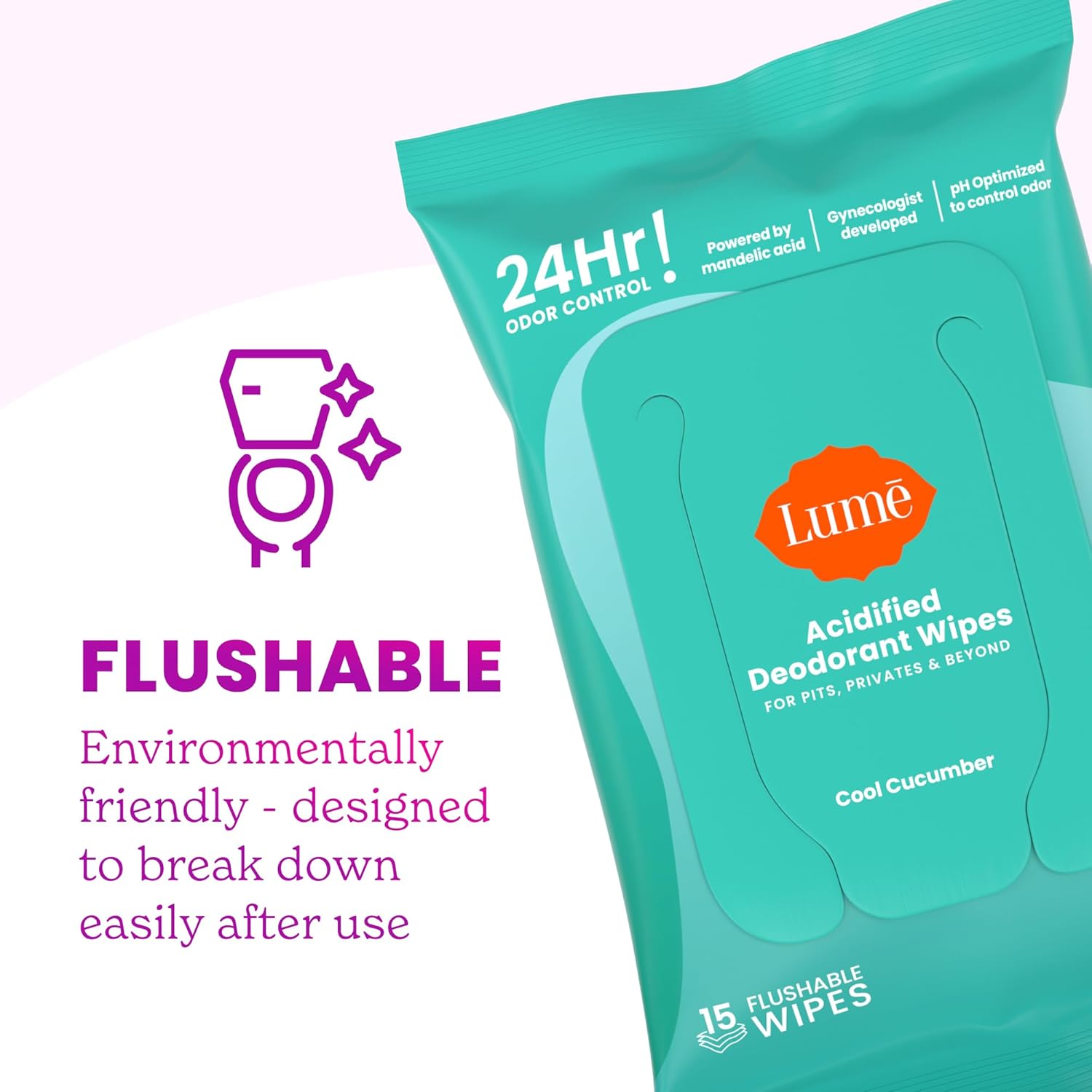 Lume Whole Body Deodorant - Smooth Solid Stick & Flushable Deodorant Wipes - Doctor Developed - Aluminum Free, Baking Soda Free, Skin Loving - 2.6 Ounce (Soft Powder) 15 Count Wipes (Cool Cucumber)