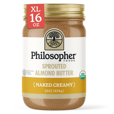 Philosopher Foods - Naked Creamy Organic Sprouted Almond Butter - 16 oz - Stone Ground Regenerative Organic Creamy Almond Nut Butter No Sugar Added