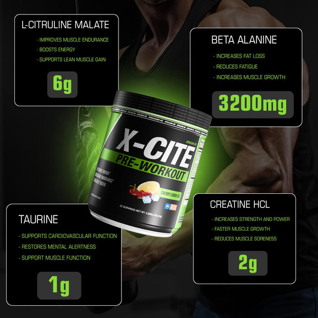 X-CITE Pre-Workout by ATHLEAN-X - Enhanced Formula with Beta-Alanine, Creatine & Caffeine for Ultimate Energy, Endurance, Focus & Muscle Pump, NSF Certified for Sports (22 Servings, Fruit Punch)