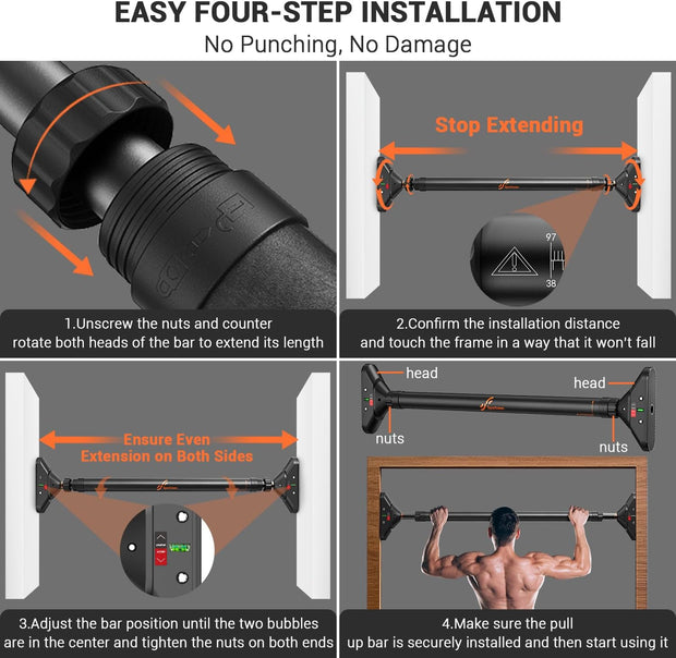 Sportneer Pull Up Bar: Strength Training Chin up Bar without Screws - Adjustable 29.5''-37'' Width Locking Mechanism Pull-up Bar for Doorway - Max Load 440lbs for Home Gym Upper Body Workout, Non-slip