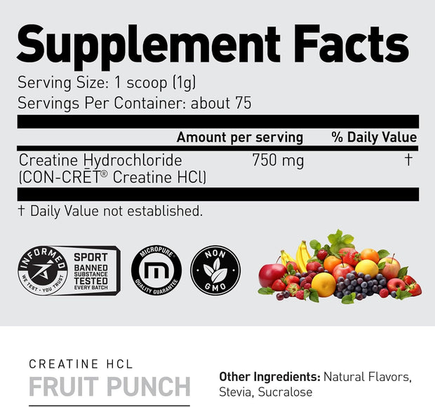 Kaged Creatine HCl Powder, Fruit Punch, Supports Muscle Growth and Recovery, Patented Creatine Hydrochloride Formula, Easy Digestion and Enhanced Muscle Absorption, 75 Servings