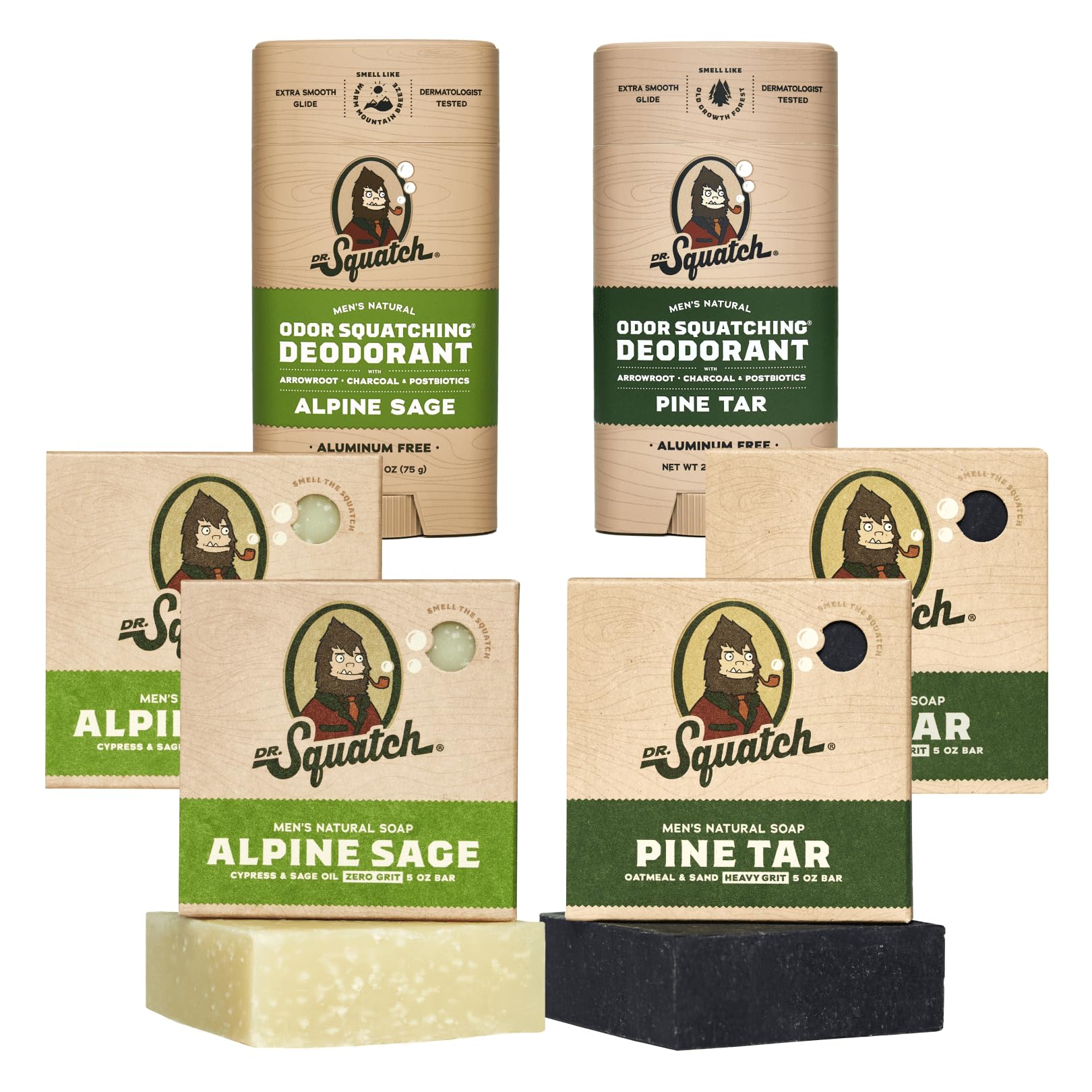 Dr. Squatch Manly Soap and Deodorant Variety Pack - Handmade with Organic Oils, Aluminum-Free - Birchwood Breeze and Fresh Falls