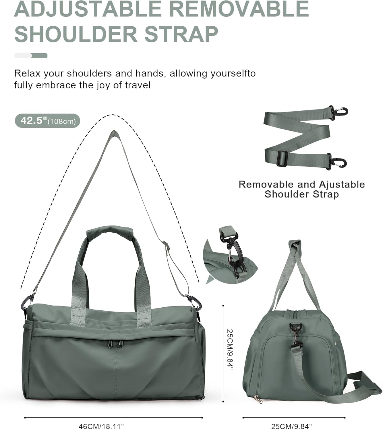 Gym Bag for Women Men with Shoe Compartment, Sport Duffel Bag, Waterproof Travel Weekender Overnight Carry on Bag for Yoga with Trolley Sleeve, Green