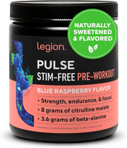 LEGION Pulse Pre Workout Supplement - All Natural Nitric Oxide Preworkout Drink to Boost Energy, Creatine Free, Naturally Sweetened, Beta Alanine, Citrulline, Alpha GPC (Caffeine Free Blue Razz)