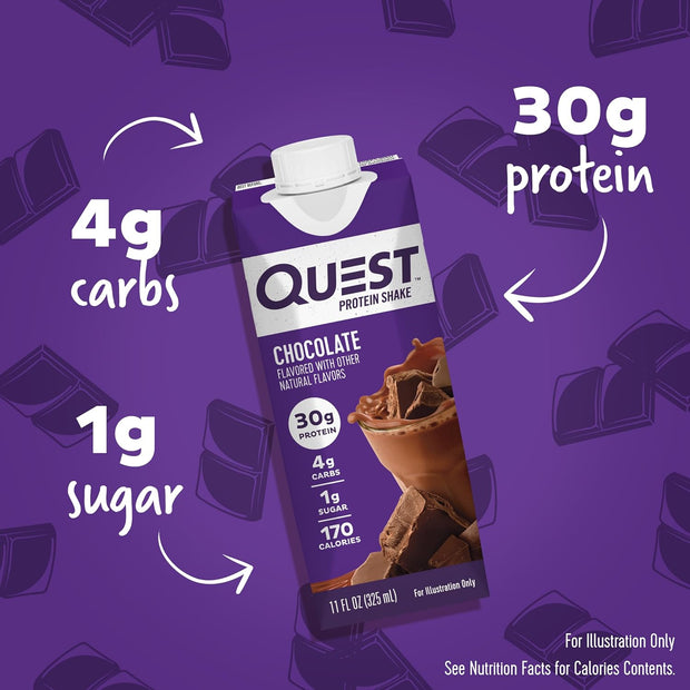 Quest Nutrition Ready To Drink Chocolate Protein Shake, 30g Protein, 4g Net Carbs, Gluten Free, Keto Friendly, 11 fl oz - Pack of 12