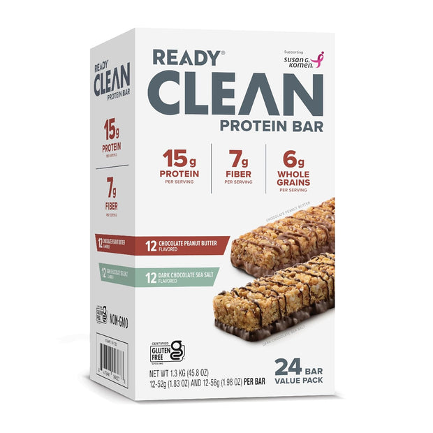 Ready Nutrition CLEAN Bar, 15g Protein for Lean Muscle Mass, 7g Fiber for Satiety, Great for Muscle Building, Muscle Recovery and Weight Loss - Variety Pack (Pack of 24)