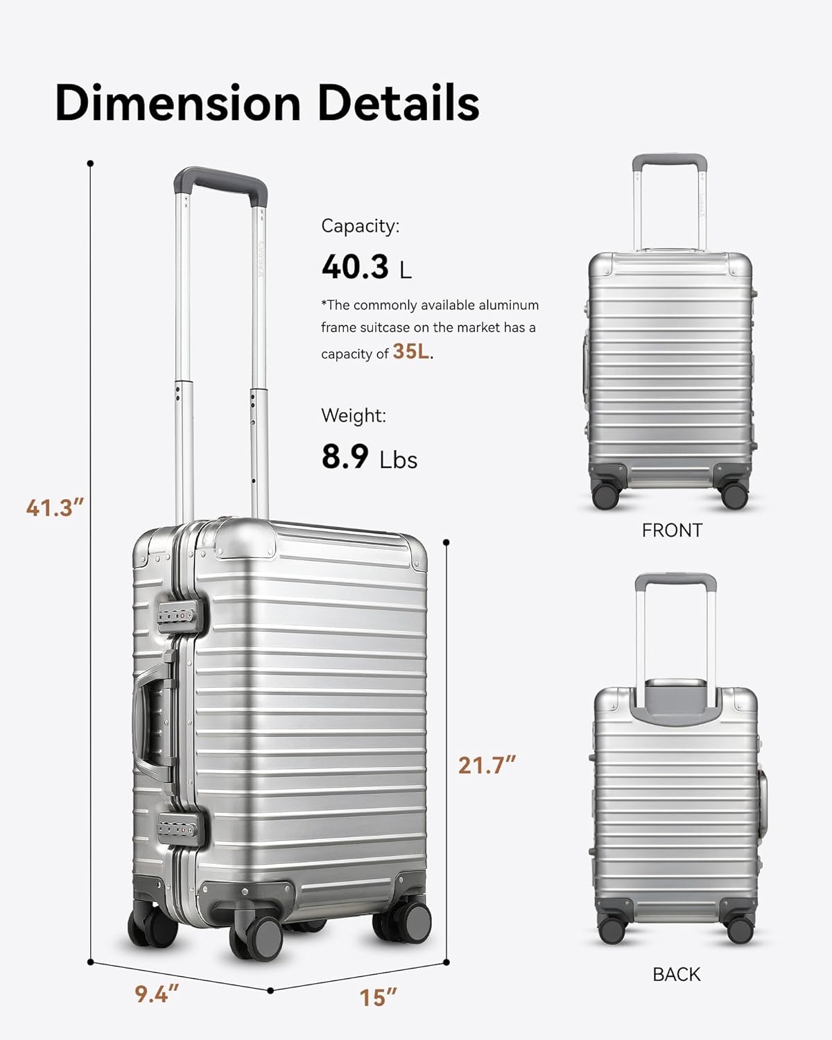 LUGGEX All Aluminum Carry On Luggage with Wheels - Zipperless Hardshell Suitcase with TSA Lock (Silver, 20 Inch)