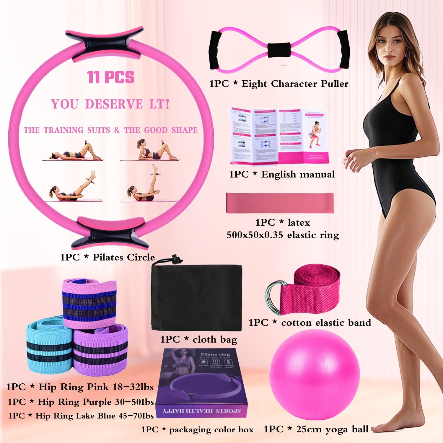 Pilates Essentials Kit for Women, Better Me Pilates Kit for Home Workouts, Pilates Rings Booty Bands for Working Out Glutes Yoga Ball 25cm Figure 8 Resistance Band Yoga Bands for Stretching