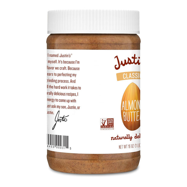 Justin's Classic Almond Butter, Only Two Ingredients, No Stir, Gluten-free, Non-GMO, Keto-friendly, Responsibly Sourced, 16 Ounce Jar, Pack of 1