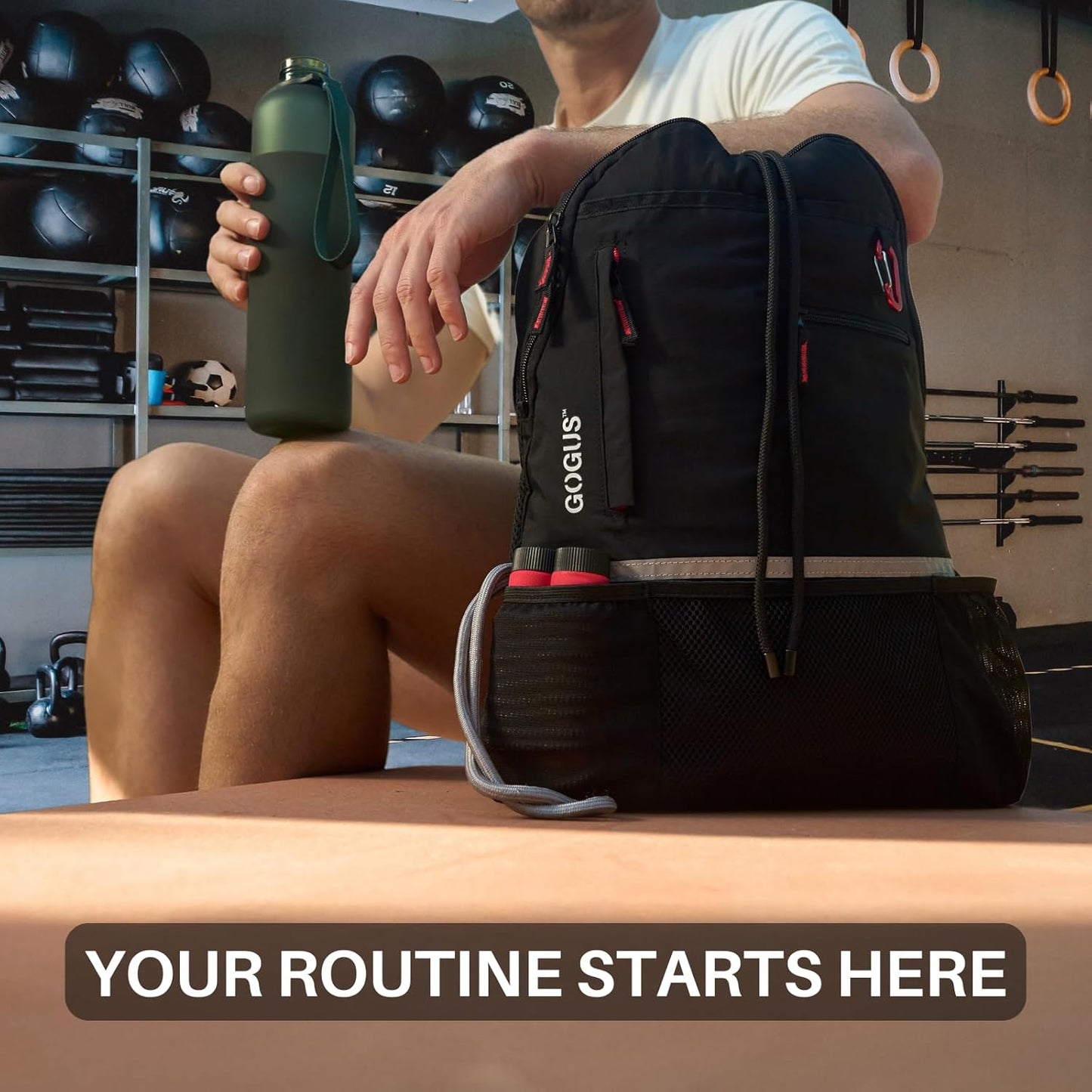 GOGUS Light Gym Drawstring Backpack with Dual Water Bottle Pockets – 18L Eco-Friendly, Water-Resistant Hybrid Bag with Mesh Compartment & Reflective Details for Men & Women