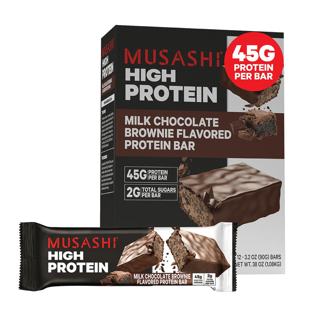 MUSASHI High Protein Bar, 45g Protein, 2g Total Sugars, Peanut Butter & Milk Chocolate Coated, Post Workout and Protein Snack On The Go, 12 Pack of 3.2oz (90g) Bars