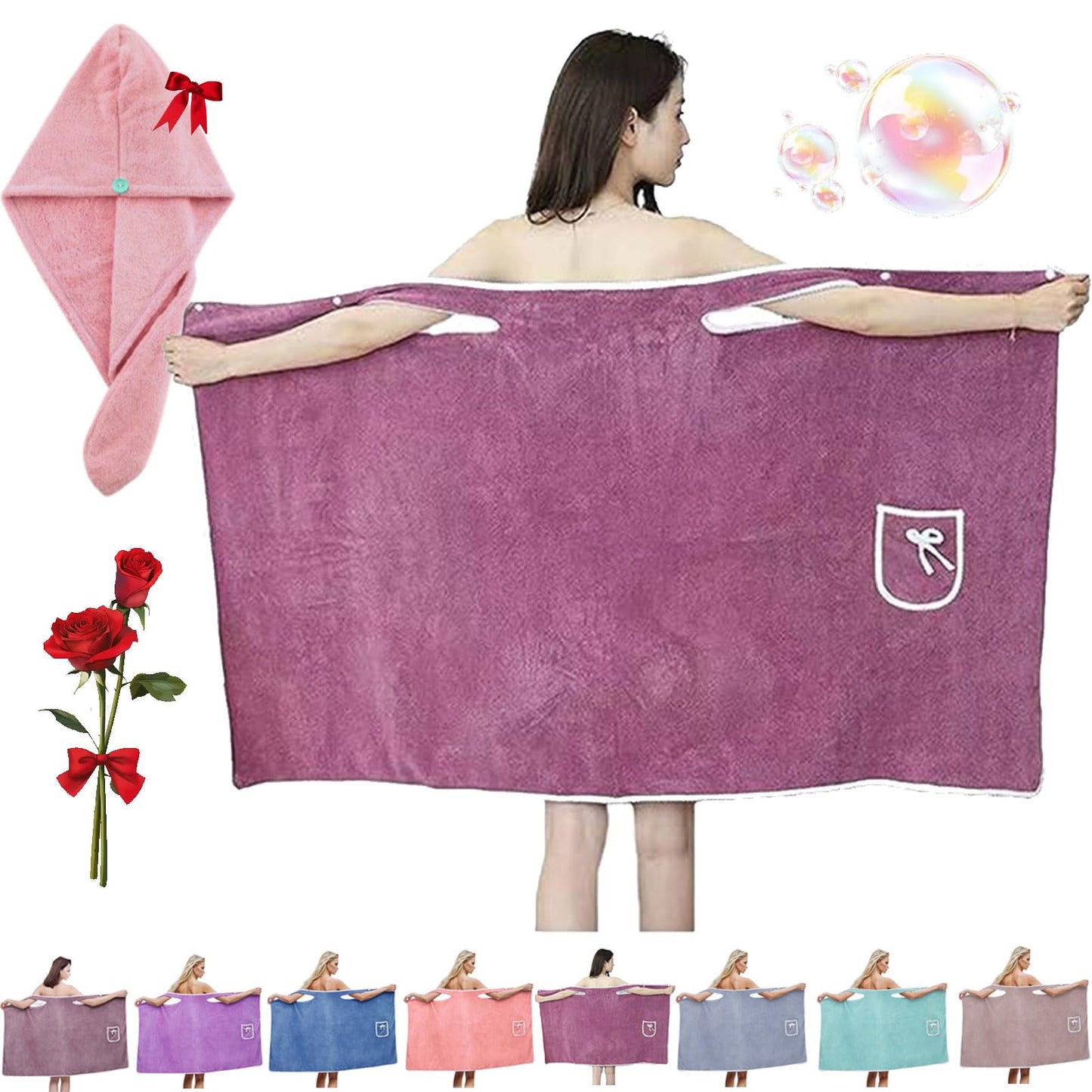Plus Size Women's Wearable Shower Skirt, Plus Size Coral Fleece Absorbent Bath Skirt Bath Wraps, Water Absorption, 2-Button Design Adjustable Closure, Soft Friendly (Purple,Large)