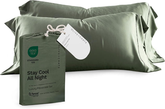 Olive + Crate Tencel Eucalyptus Pillowcases - 100% Tencel Lyocell Cooling Pillow Cases for Hot Sleepers - Hypoallergenic, Moisture-Wicking, Silk Alternative, Vegan - King Size Set of 2 [Moss]