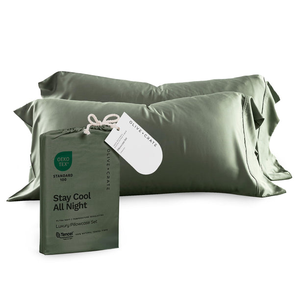 Olive + Crate Tencel Eucalyptus Pillowcases - 100% Tencel Lyocell Cooling Pillow Cases for Hot Sleepers - Hypoallergenic, Moisture-Wicking, Silk Alternative, Vegan - King Size Set of 2 [Moss]