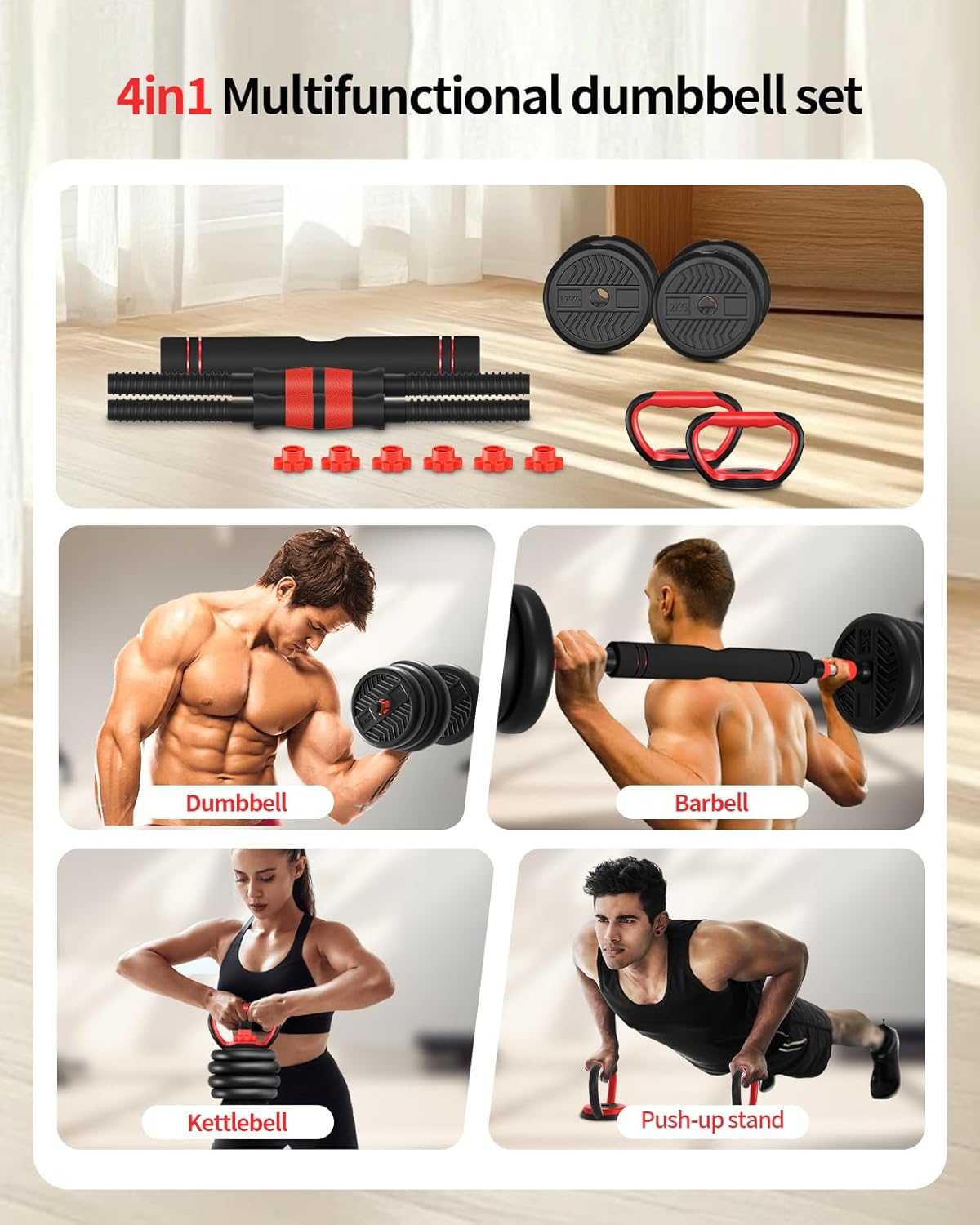 Adjustable Dumbbells,20/30/40/60/80lbs Free Weight Set with Connector, 4 in1 Dumbbells Set Used as Barbell/Kettlebells/Push up Stand, Fitness Workout Equipment for Home Gym for Youth,Women/Men