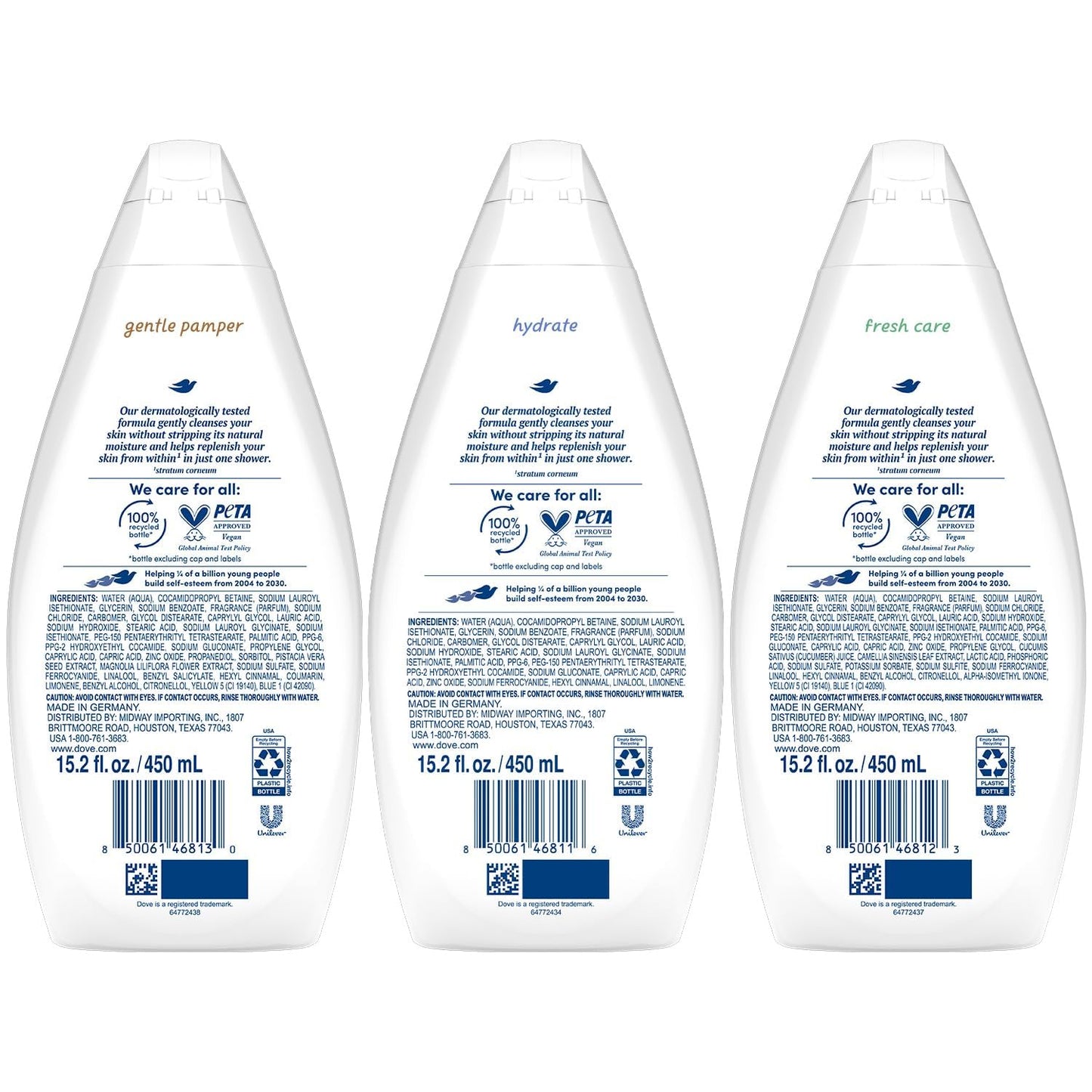 Dove Body Wash Variety 3-Pack – Hydrate, Fresh Care, and Gentle Pamper, 15.22 Oz Ea