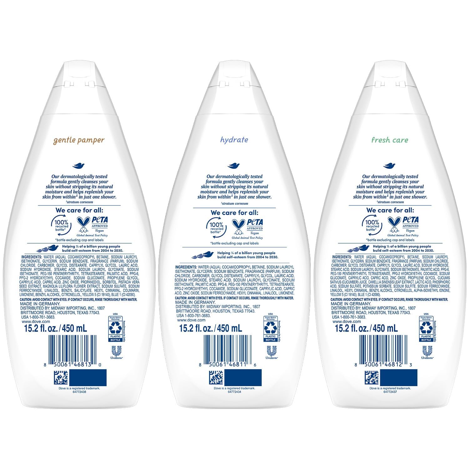 Dove Body Wash Variety 3-Pack – Hydrate, Fresh Care, and Gentle Pamper, 15.22 Oz Ea