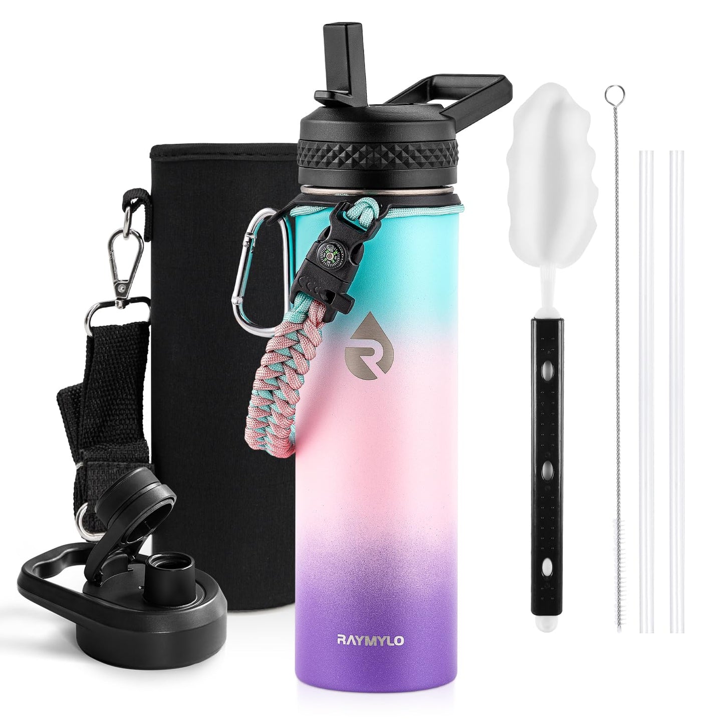 Insulated Water Bottle 64 oz, Triple Wall Vacuum Stainless Steel (Cold for 48 Hrs), Leak Proof & Non-BPA, Half Gallon Water Flask Jug with Paracord Handle & Straw Spout Lids, Magic Black