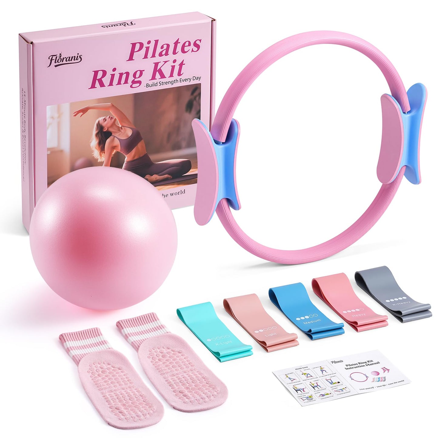 Home Pilates Essentials Kit for Women Pink Ring and Ball Pilates Set Equipment, Magic Circle with 5 Resistance Bands Premium Accessories Kits for Starter Toning Workouts at Home