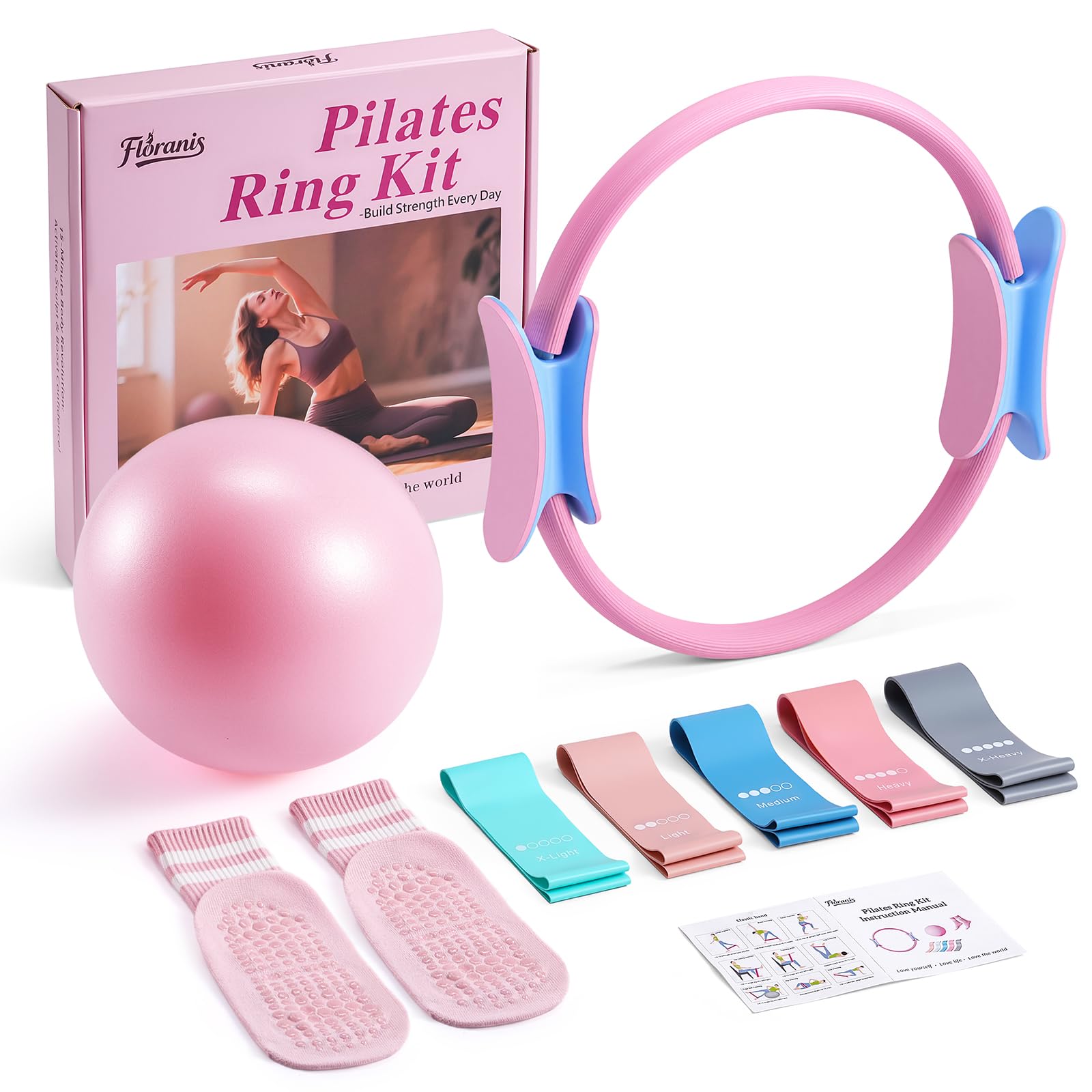 Home Pilates Essentials Kit for Women Pink Ring and Ball Pilates Set Equipment, Magic Circle with 5 Resistance Bands Premium Accessories Kits for Starter Toning Workouts at Home