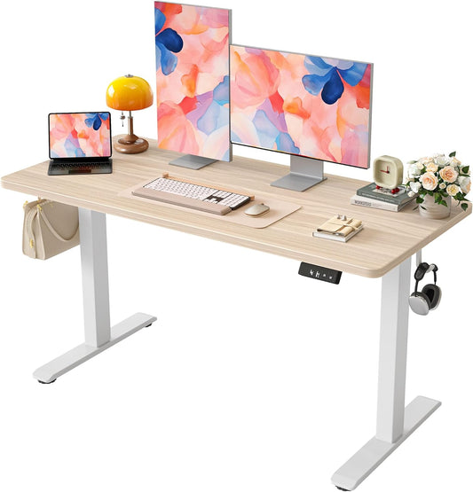 TIQLAB 55 * 24 Inches Electric Standing Desk, Adjustable Height Stand up Desk, Sit Stand Home Office Table with Splice Board, Light Walnut