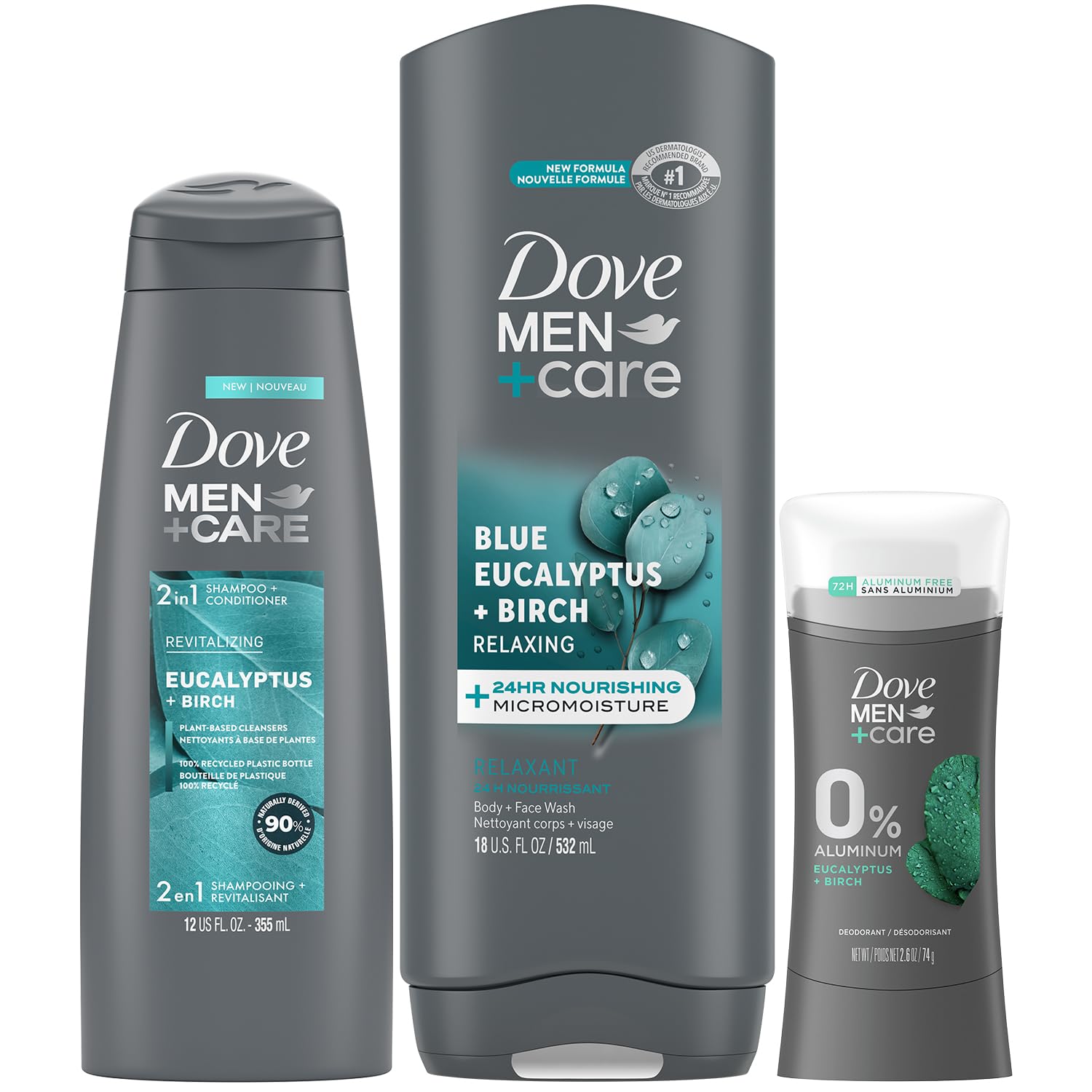 Dove Men + Care Bundle – Blue Eucalyptus + Birch Body + Face Wash, 2-in-1 Shampoo + Conditioner & 48H Aluminum-Free Deodorant (3 Piece Set)