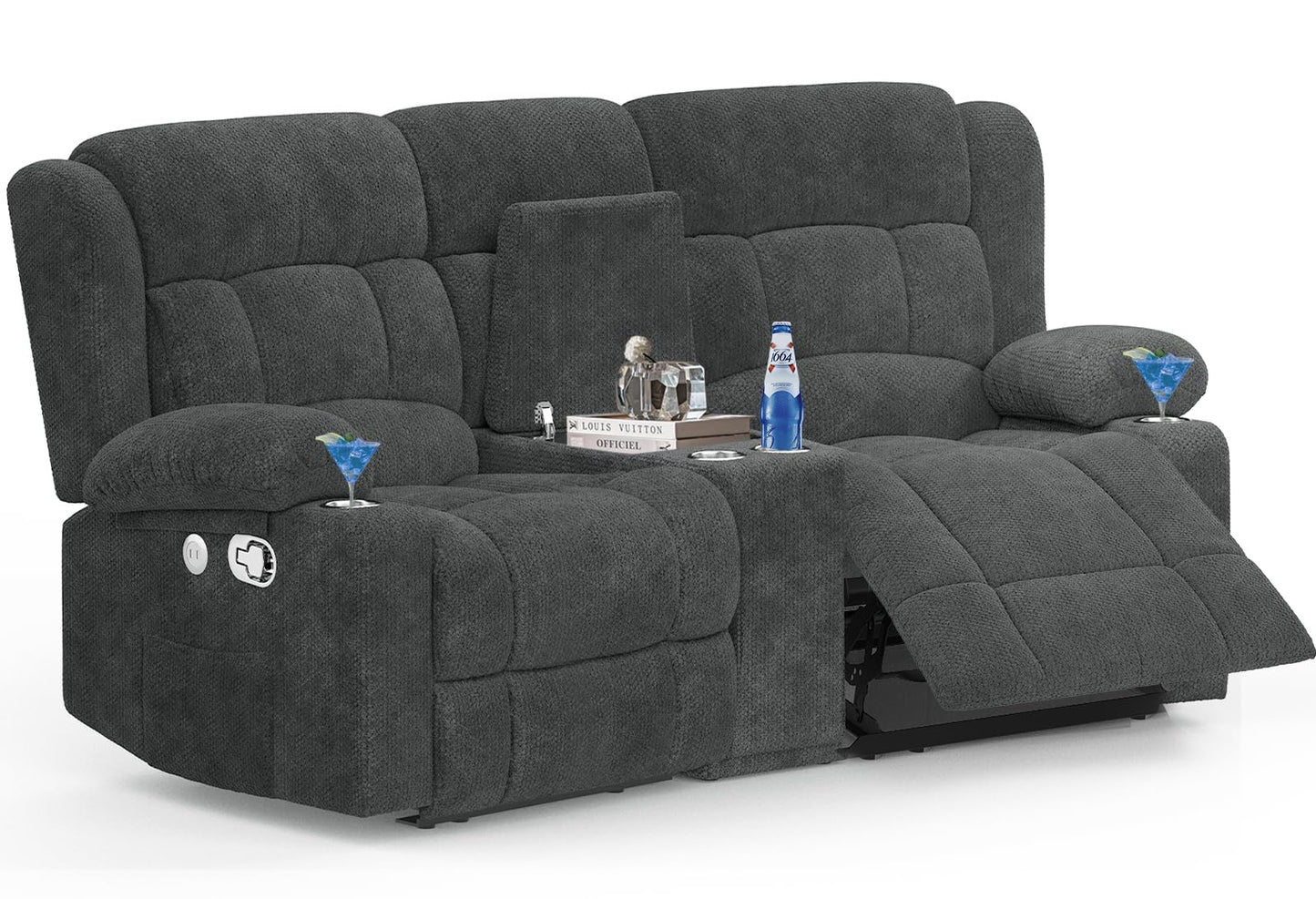 Loveseat Recliner Sofa Set with 2-Tier Cushion, 2+1+1 Pieces in Living Room, 2 Seater Reclining Loveseat Leather with Removable Console, 2 Oversize Recliner Chair Sofa Seat - Grey
