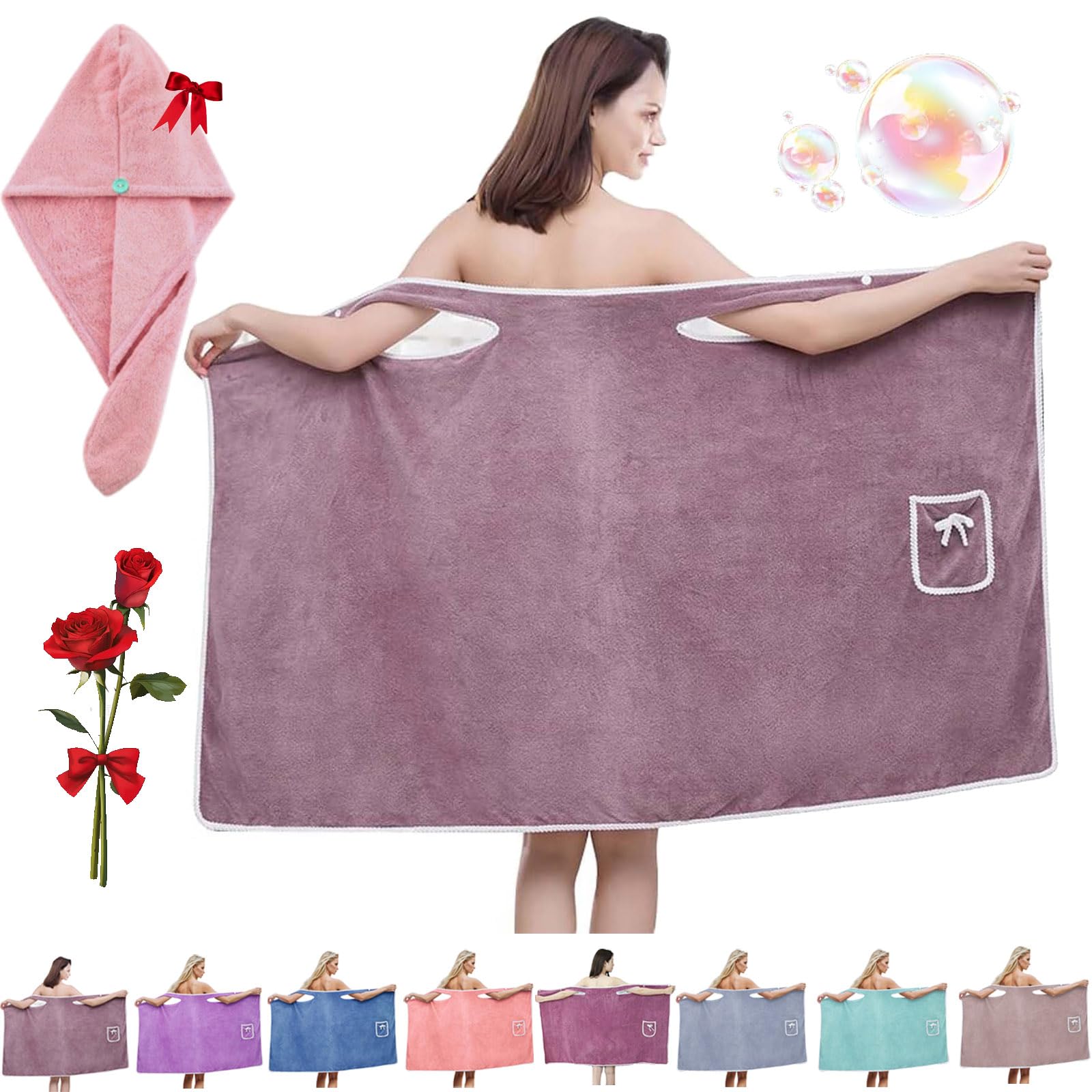 Plus Size Women's Wearable Shower Skirt, Plus Size Coral Fleece Absorbent Bath Skirt Bath Wraps, Water Absorption, 2-Button Design Adjustable Closure, Soft Friendly (Purple,Large)