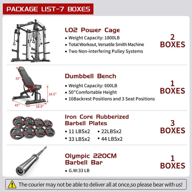 Power Cage Multi-Function Power Rack with Cable Crossover System,1800 LBS Capacity Squat Rack with Weight Bench,for Home Gym