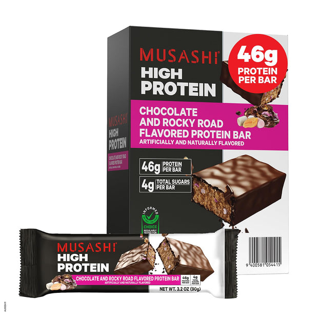 MUSASHI High Protein Bar, 45g Protein, 2g Total Sugars, Peanut Butter & Milk Chocolate Coated, Post Workout and Protein Snack On The Go, 12 Pack of 3.2oz (90g) Bars