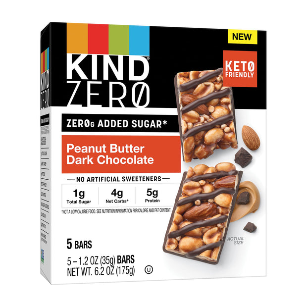 KIND ZERO Added Sugar Bars, Keto Snack, Dark Chocolate Nuts and Sea Salt, Good Source of Fiber, Gluten Free, Low Sugar, 6g Protein, 10 Count