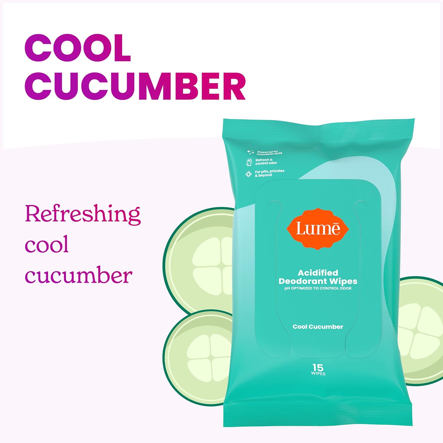Lume Acidified Deodorant Wipes - 24 Hour Odor Control - Aluminum Free, Baking Soda Free, Skin Loving - 15 Count (Pack of 3) (Cool Cucumber)
