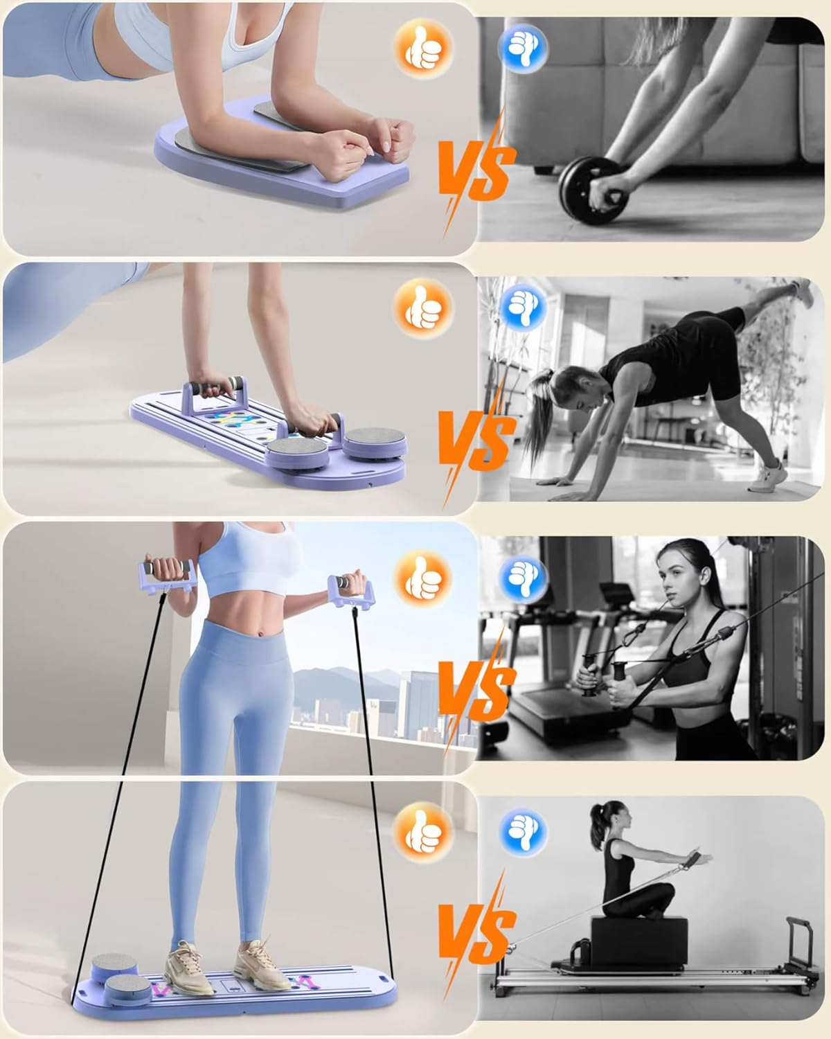 7-in-1 Pilates Reformer Board, Portable Pilates Board Foldable Pilates Reformer Equipment with Timer for Home Workouts with Resistance Bands Core Glider Push-Up Handles Balance Trainer Pilates Machine