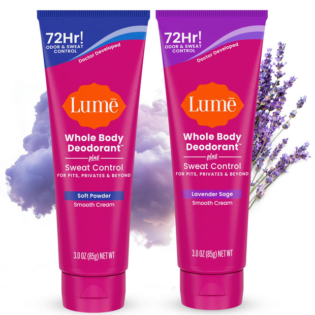 Lume Whole Body Deodorant Plus Sweat Control - Smooth Cream Tube - 72 Hour Odor And Sweat Control - Baking Soda Free, Skin Loving - 3.0 ounce (Pack of 2) (Soft Powder)
