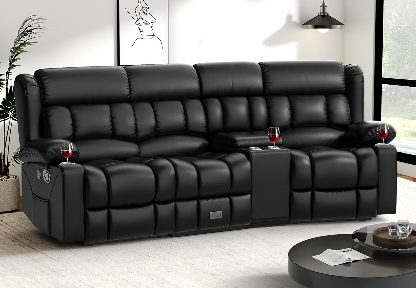 Loveseat Recliner Sofa, Flip Middle Backrest Design PU Leather 3 Seat Reclining Sofa with Storage Drawer, Manual Couch for Living Room (Ivory White, PU)