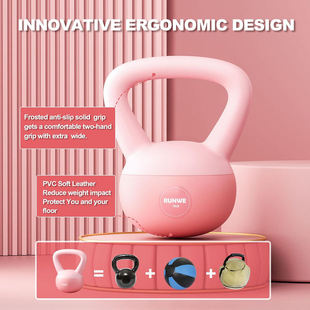 RUNWE Soft Kettlebell - Weight Options for 25, 20, 15, 10 and 5 LB Strength Training Kettlebells Weight Iron Sand Filled Shock-Proof Hand Weights for Women Men or Children
